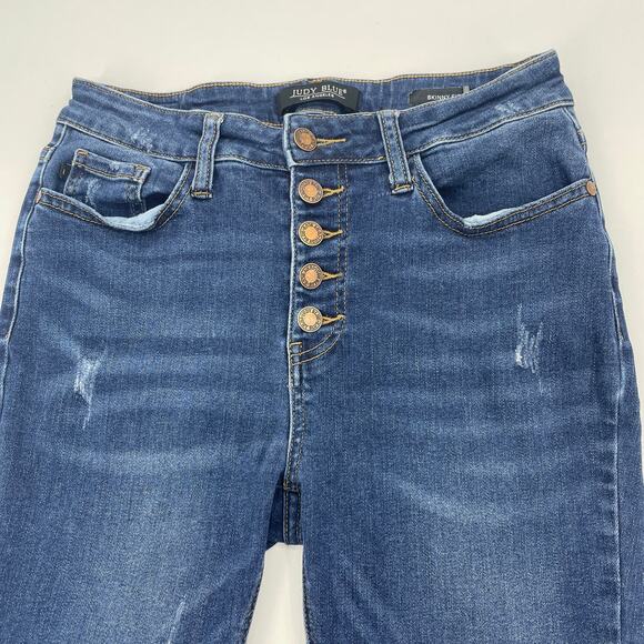 JUDY BLUE Jeans Mid Rise Skinny Fit Pant Women Size 26 Button Fly Distressed - Picture 5 of 11